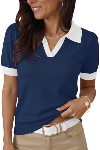 Business Casual Tops for Women V Neck Work Blouse Short Sleeve Sweater