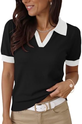 Blouses for Women Work Tops Polo Shirt Short Sleeve V Neck Knit Pullover