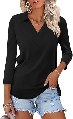 Collared Polo Shirt Women 3/4 Sleeve V Neck Casual Polos T Shirts Top