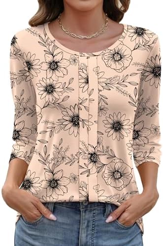 Womens 3/4 Sleeve Tops and Blouses Boho Floral T Shirts Business Casual