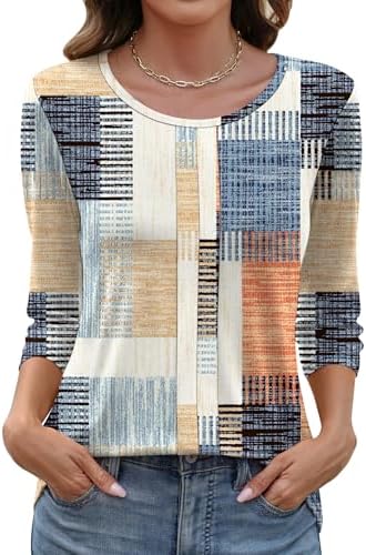 Womens 3/4 Sleeve Tops and Blouses 2026 Crew Neck T Shirt Work Pleated