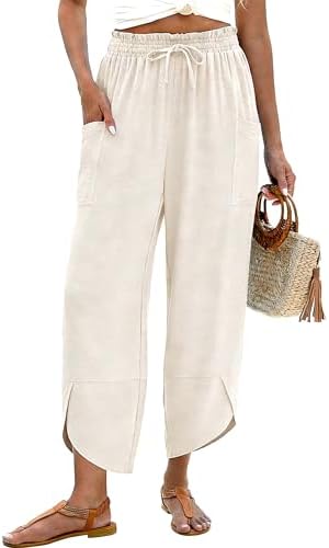 Linen Pants Women Summer Boho Wide Leg Capri Palazzo