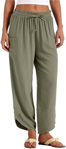 Linen Pants Women Summer Boho Wide Leg Capri Palazzo