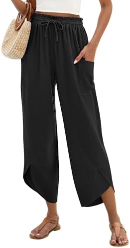 Linen Pants Women Summer Boho Wide Leg Capri Palazzo