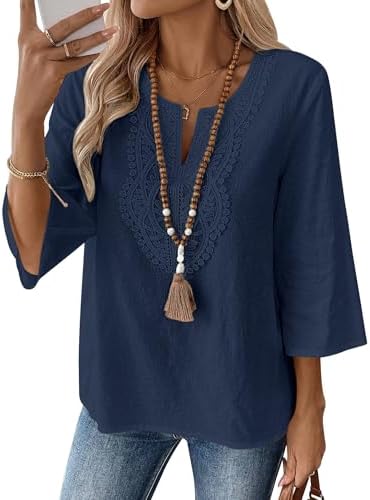 Women's 3/4 Sleeve Cotton Linen Shirts Casual V Neck Shirts Navy Blue