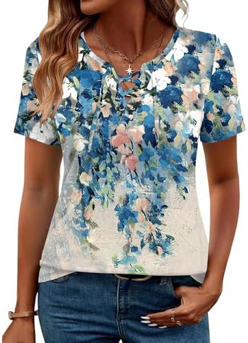 Short Sleeve Womens Tops Beach Vacation Clothes for Women V Neck Summer
