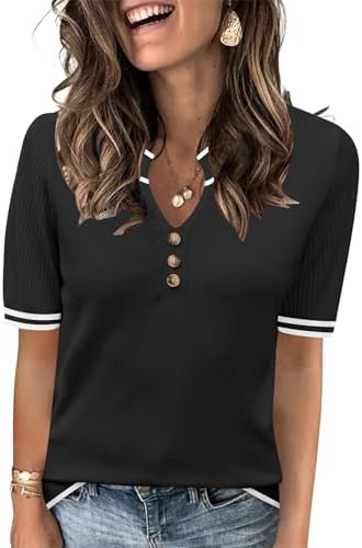 V Neck Sweater for Women Summer Trendy Tops Short Sleeve Clothes