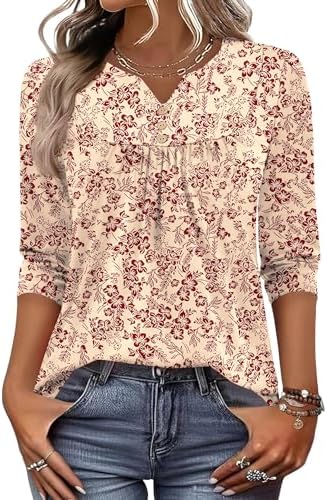 Women 3/4 Sleeve Tops Henely V Neck Flowy Tunics Loose Fit Blouses