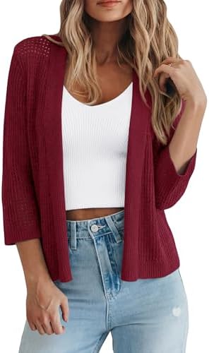 Casual Cardigan Sweaters for Women 3/4 Sleeve Openwork Knit Shrug Spring