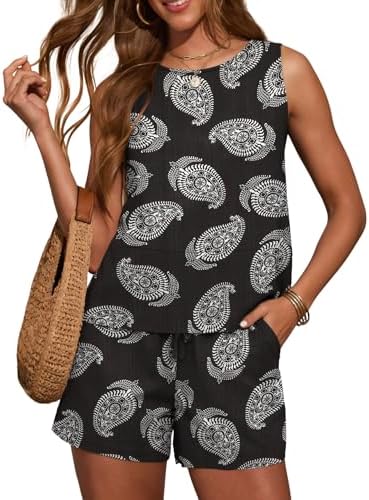 Women's Trendy 2 Piece Outfits Shorts Sets Summer Crew Neck Sleeveless