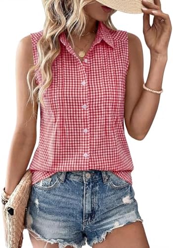 Women's Summer Sleeveless Button Down Gingham Blouse Cotton Classic