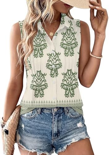 Women's Sleeveless Button Down Blouse Lightweight Summer Casual Vacation