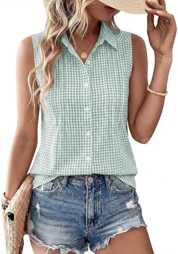 Women's Summer Sleeveless Button Down Gingham Blouse Cotton Classic
