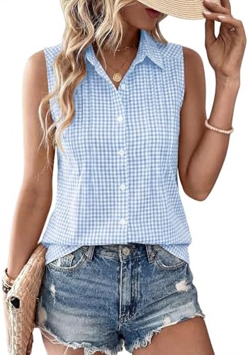 Women's Summer Sleeveless Button Down Gingham Blouse Cotton Classic