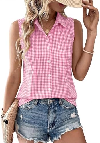 Women's Summer Sleeveless Button Down Gingham Blouse Cotton Classic