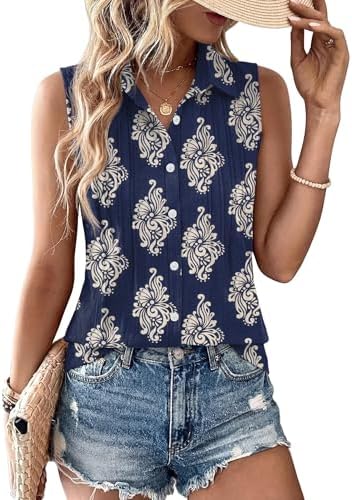 Women's Sleeveless Button Down Blouse Lightweight Summer Casual Vacation
