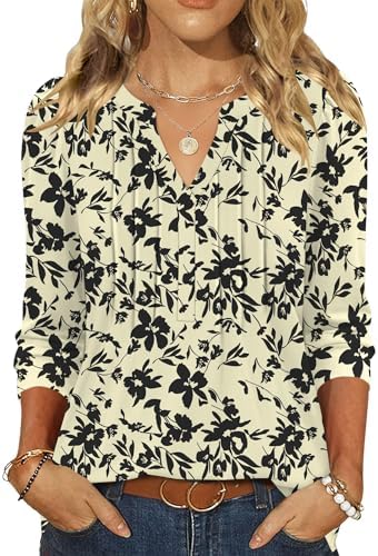 Spring Tops for Women 2026 Womens 3/4 Sleeve Tops Puff Sleeve V Neck T