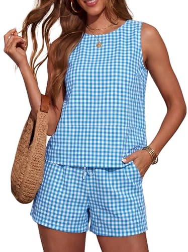 Women's Trendy 2 Piece Outfits Shorts Sets Summer Crew Neck Sleeveless