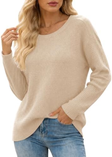 Womens Waffle Knit Tops 2026 Fall Crewneck Long Sleeve Shirts Casual