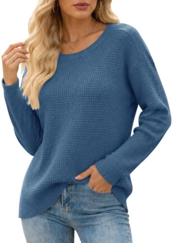 Womens Long Sleeve Sweater Waffle Knit Tops Crew Neck Casual T Shirts