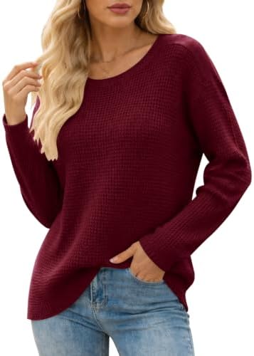 Womens Long Sleeve Pullover Sweater Casual Loose Crew Neck Waffle Knit