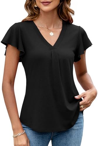 Black Summer Tops for Women Loose Fit Casual Ruffle Sleeve Blouses Womens