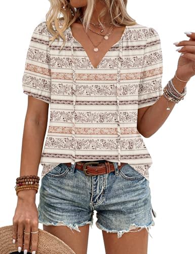 Boho Tops for Women Summer Peasant Blouse Apricot Coffee Stripe, XL |