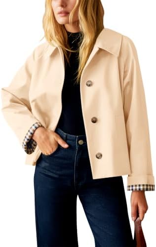Cropped Trench Coat Women Plaid Lining Casual Fall Jackets Trendy Apricot