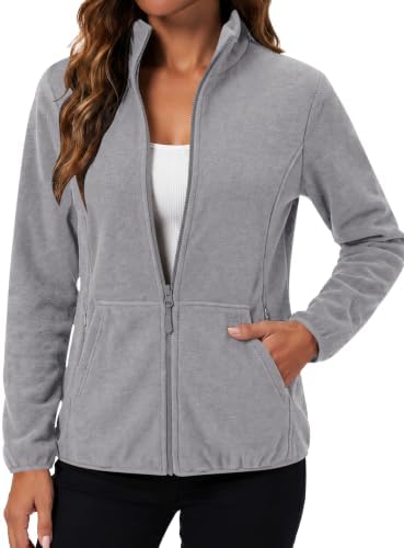 Fleece Jacket Women with 6 Pockets Full Zip Coat(Light Gray, S) | Elastic