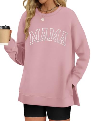 Long Sleeve Mama Shirts for Women Crewneck Oversized Shirt Split Side