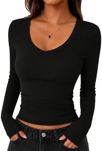 Long Sleeve Shirts for Women Deep V Neck Basic Crop Tops, Black