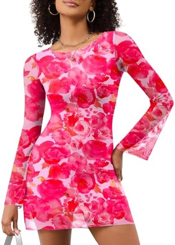 Mini Dresses for Women Mesh Long Sleeve Sexy Boat Neck Floral Party Date