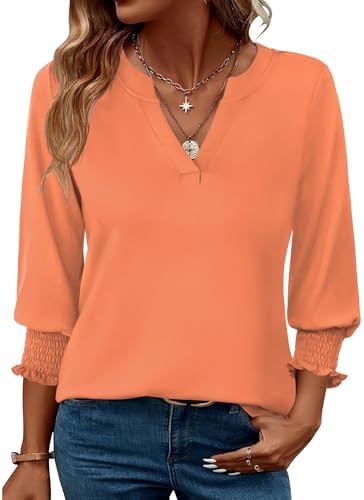 Plus Size Spring Clothes for Women 3/4 Length Sleeve V Neck Blouses for