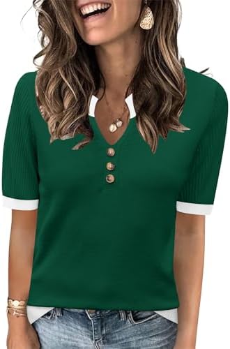 Pullover Sweaters for Women Short Sleeve Tops V Neck Casual Outfits