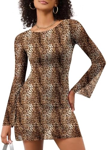 Short Dress for Women Leopard Print Bell Sleeve Sexy Mini Y2k Club Going