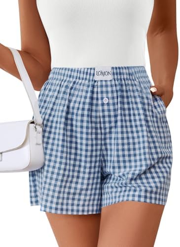 Shorts for Women Summer Gingham Boxer Y2K Pajamas Pockets Resort Wear