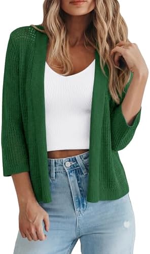 Spring Casual Cardigans for Women 3/4 Sleeve Openwork Knit Sweaters Shrug