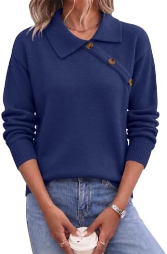 Sweaters for Women Asymmetrical Neck Long Sleeve Pullover Navy Blue S |