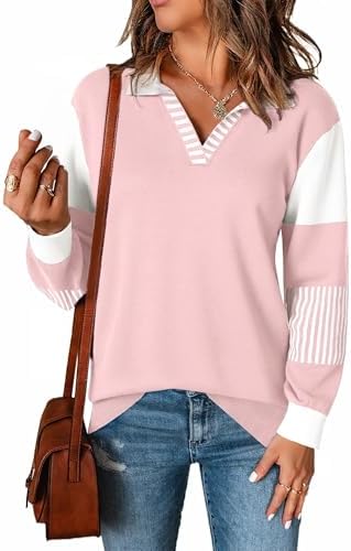 Sweaters for Women Fall 2025 Long Sleeve Collared V Neck Striped Color