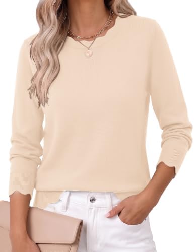 Sweaters for Women Fall Scalloped Long Sleeve Pullover Beige S |