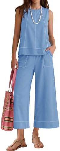 Two Piece Sets for Women Summer Outfits with Pockets Light Blue M |