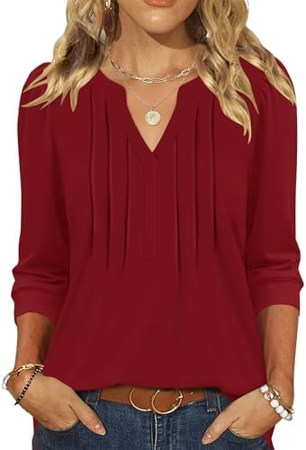 Women Blouses 3/4 Length Sleeve Womens Tops Red Top Basic Tops Teacher
