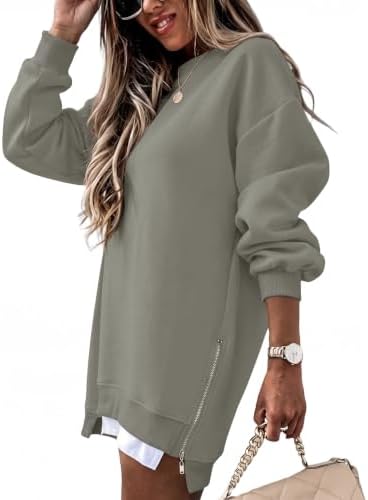 Women Fleece Oversized Crewneck Sweatshirt Side Zip Pullover | Soft
