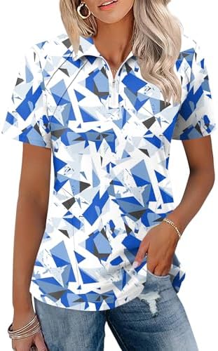 Women Golf Shirt Summer Short Sleeve Quarter Zip Polo Geometry Blue, S |