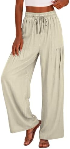 Women Linen Pants Boho Wide Leg Drawstring Pants Flowy Vacation