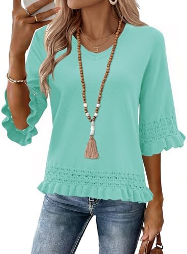 Women's Sweaters 3/4 Length Sleeve V Neck Boho Tops, Aqua