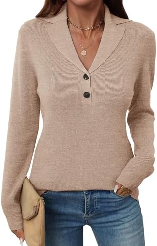Women Sweater Long Sleeve Button Collared Pullover Khaki, XL