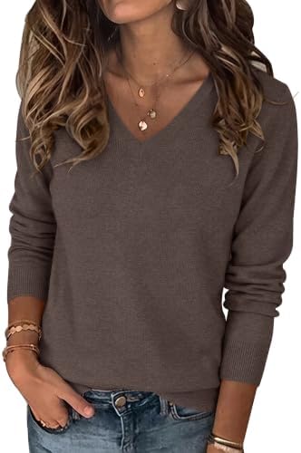 Women Wool Blend Sweaters V Neck Long Sleeve Knit Pullover Top Coffee |