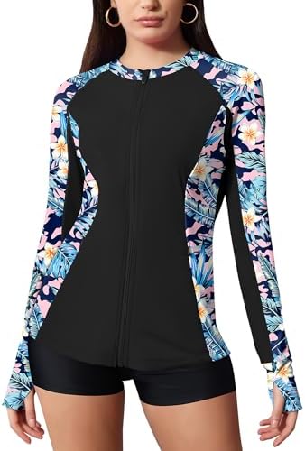 Women Zipper Rash Guard Long Sleeve Swimsuits UV Shirts Surfing Bathing