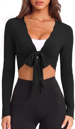 Womens Ballet Wrap Tops Self Tie V Neck Pilates Workout Tops Black